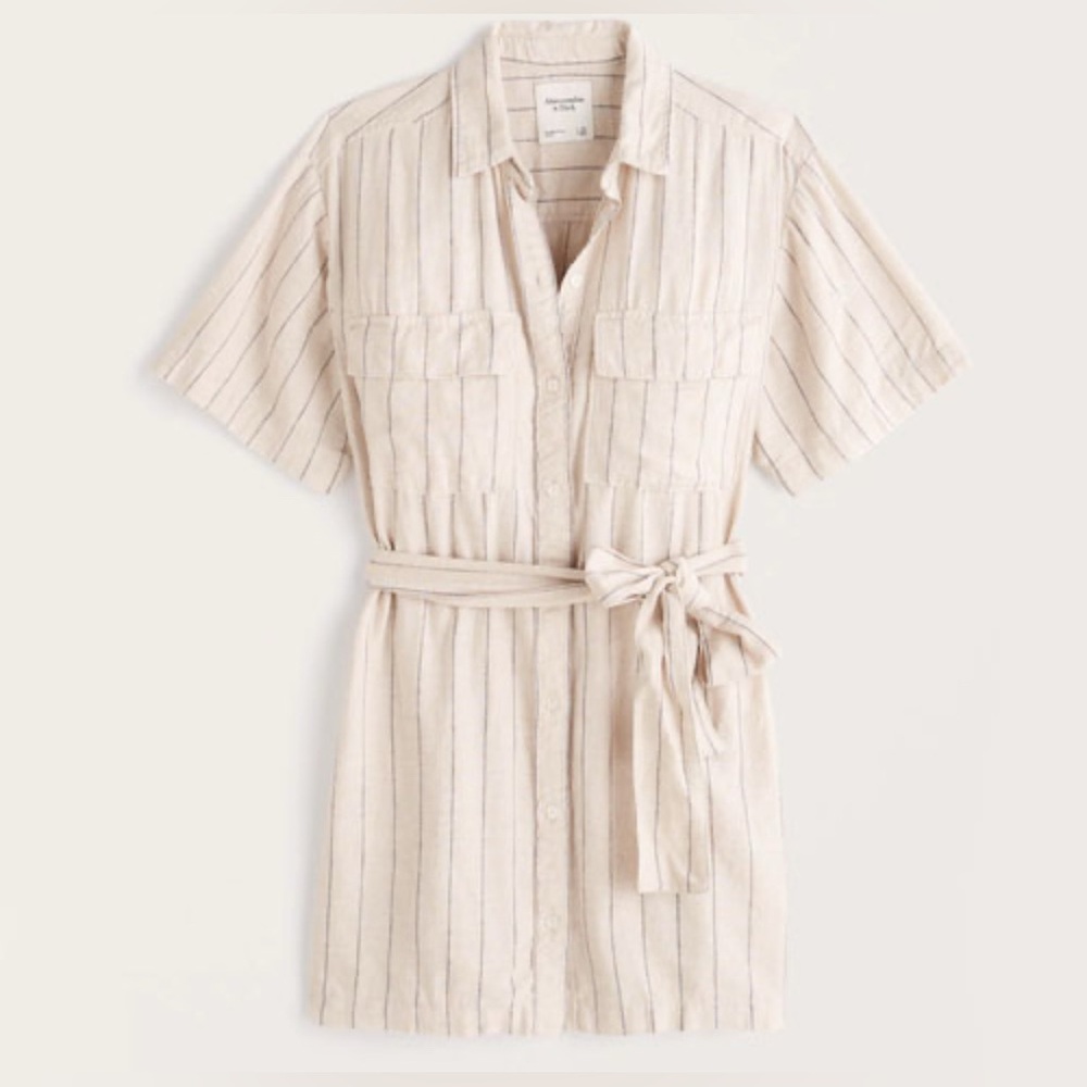 Abercrombie & Fitch Womens Linen Striped Button-Down Shirt Dress S Ivory Boho